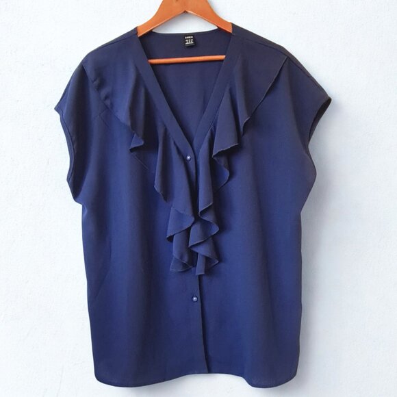 Shein Womens Navy Blue Ruffle Trim Sleeveless V-Neck Top Shirt Blouse Size XL - Picture 2 of 8